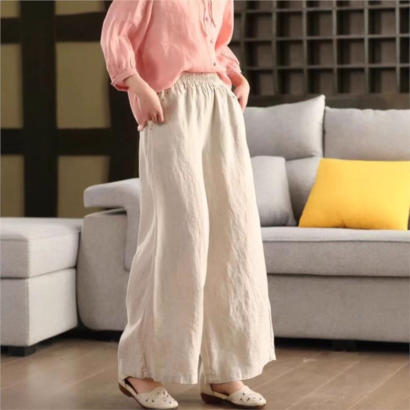

Johnature Women Embroidery Floral Wide Leg Pants Elastic Waist Patchwork Pockets Summer Vintage Solid Color Trousers L бежевый