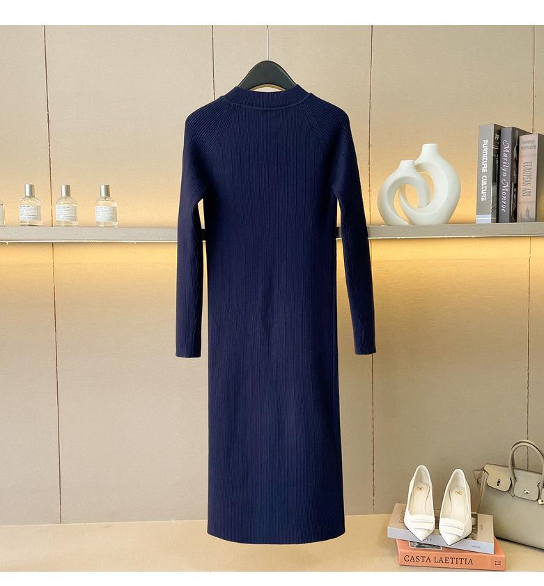 Women's Royal Blue Long-Sleeve Bodycon Wool Knit Dress for Autumn/Winter