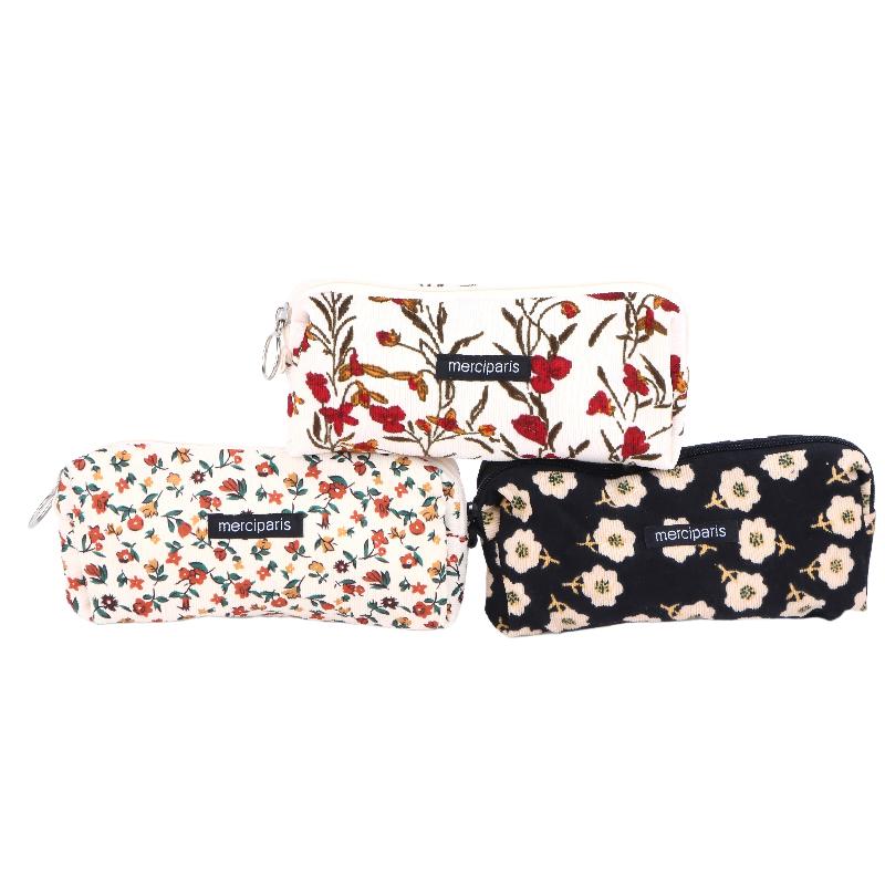 Vintage Corduroy Federmäppchen Retro Blumenmuster Federtasche Große Kapazität Schreibwaren Tasche Für Schüler Büro Make-up Aufbewahrung