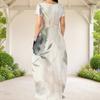 Women Plus Size Round Neck Short Sleeve Abstract Printed Loose Maxi Dress With Side Pockets