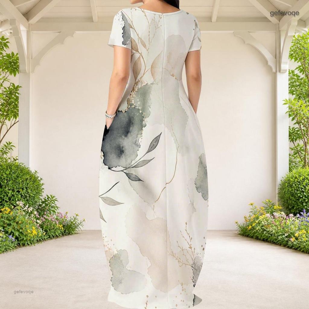Women Plus Size Round Neck Short Sleeve Abstract Printed Loose Maxi Dress With Side Pockets