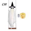 Glowing Halloween Atmosphere Prop Hanging Swing Ghost Decoration with Witch Hat, Spooky Outdoor Decor Lighted White for Yard String Light And