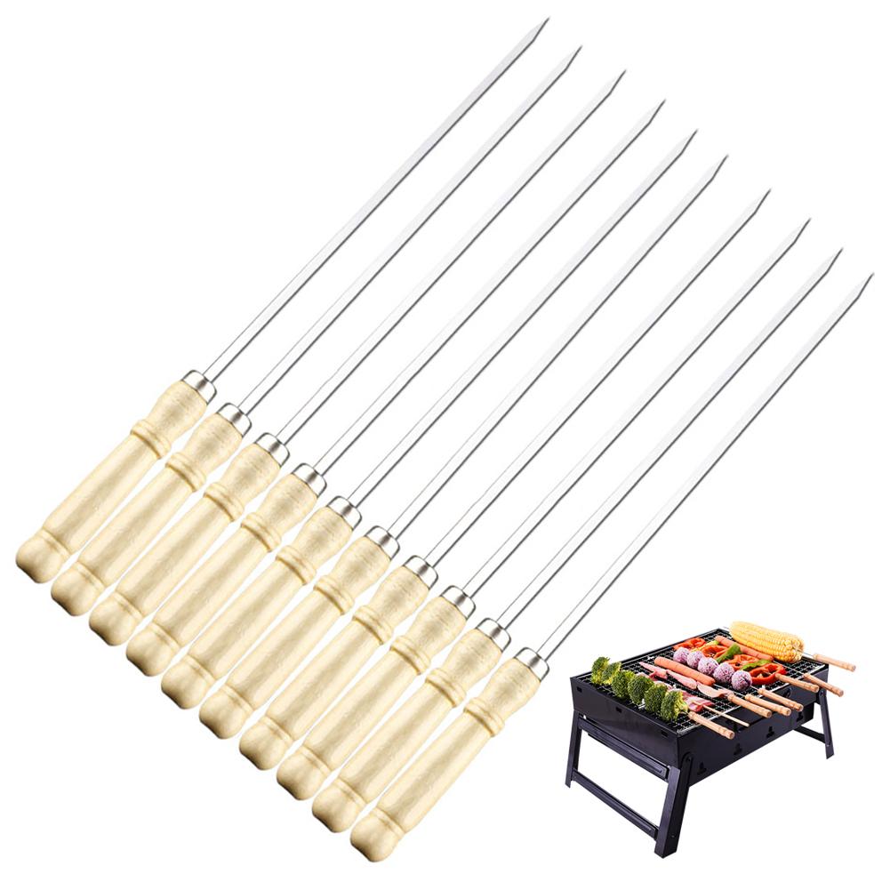 

10Pcs 40cm BBQ Skewers, Stainless Steel Grilling Needles with Long Wood Handle, Reusable Meat Fork for Outdoor Barbecue Picnic