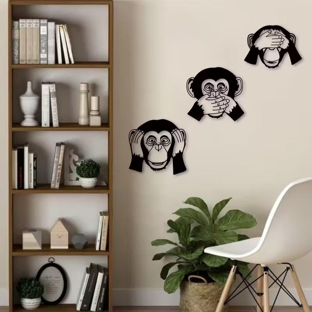 Set di Tre Scimmie in Metallo per Parete Scultura Decorativa Opera d'Arte in Ferro Stile Minimalista Appendi da Parete Moderno per Soggiorno Camera da Letto Ufficio