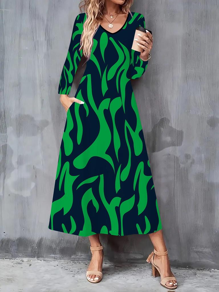 2025 Autumn and Winter New Women Casual Fashion Dress Autumn 3D Retro Print  Long Sleeve V-Neck A-Line Dresses