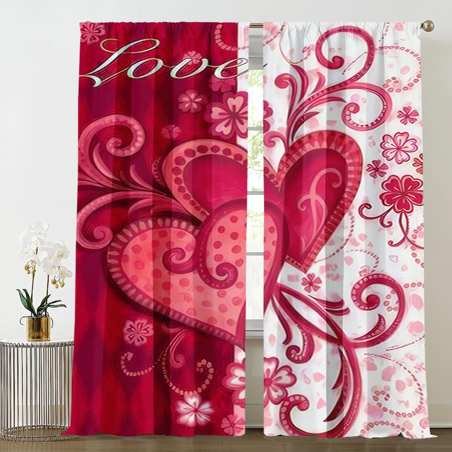 2PCS Red and White Love Curtains, Romantic Style, Bedroom and Living Room, Drawbar Pocket Decorative Curtains