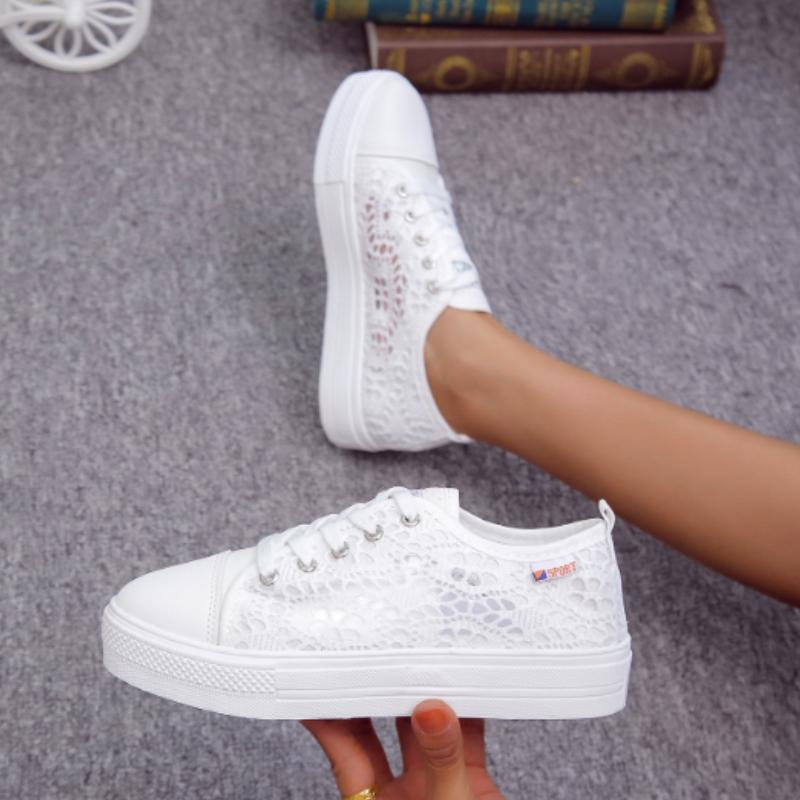 New Fashion Women Shoes Fashion Summer Casual White Shoes Cutouts Lace Hollow Breathable Platform Flat Shoes Woman Sneakers