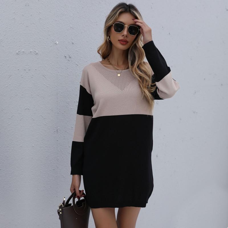 Women's Crew Neck Sweater, Color-Block for Fall and Winter