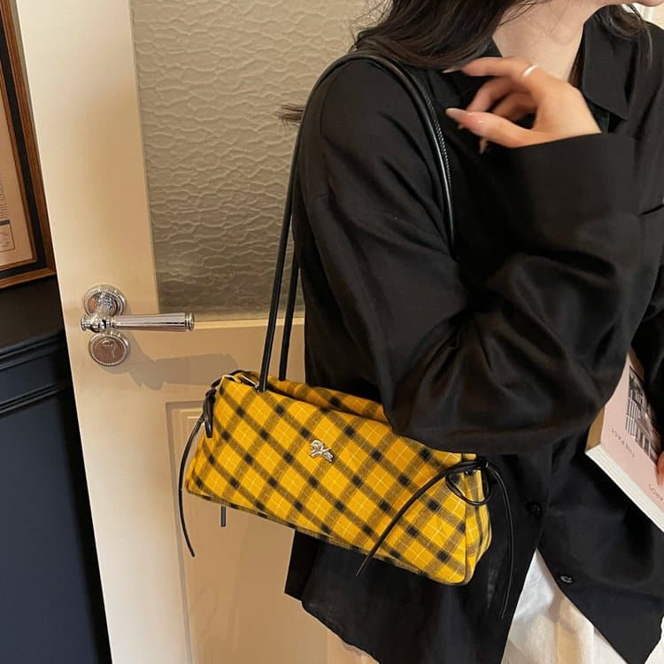 Plaid drawstring armpit bag women's shoulder bag