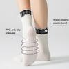 1 Pair Yoga Socks with Non-slip Gripper Double Ruffled Plaid Cuff Mid-calf Socks Women Ballet Dance Pilates Cotton Crew Socks