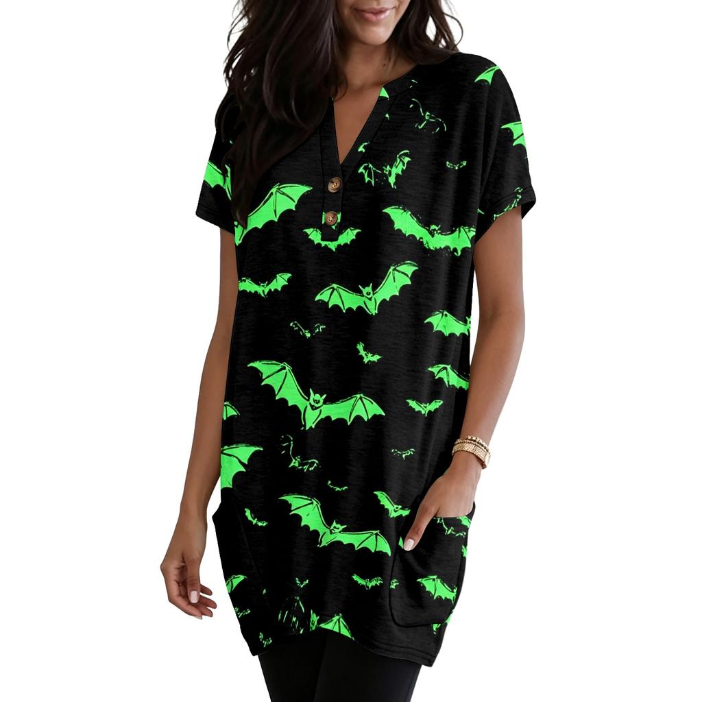 Women's V Neck Halloween Print Short Sleeve Pullover Dress with Pocket Casual Loose Fit Tunic Dress for Daily Wear