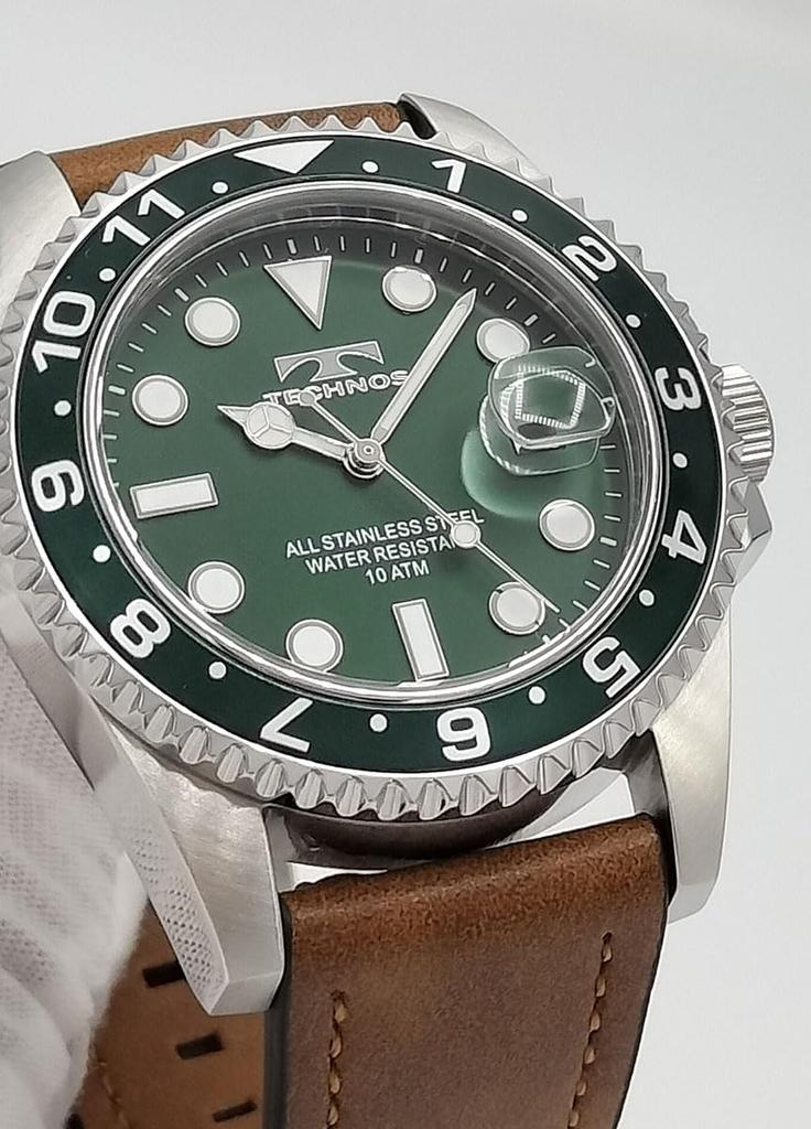 TECHNOS Dive Watch with Leather Metal Rotating Men's Strap, Strap, Bezel, Green, TASM419MM-L
