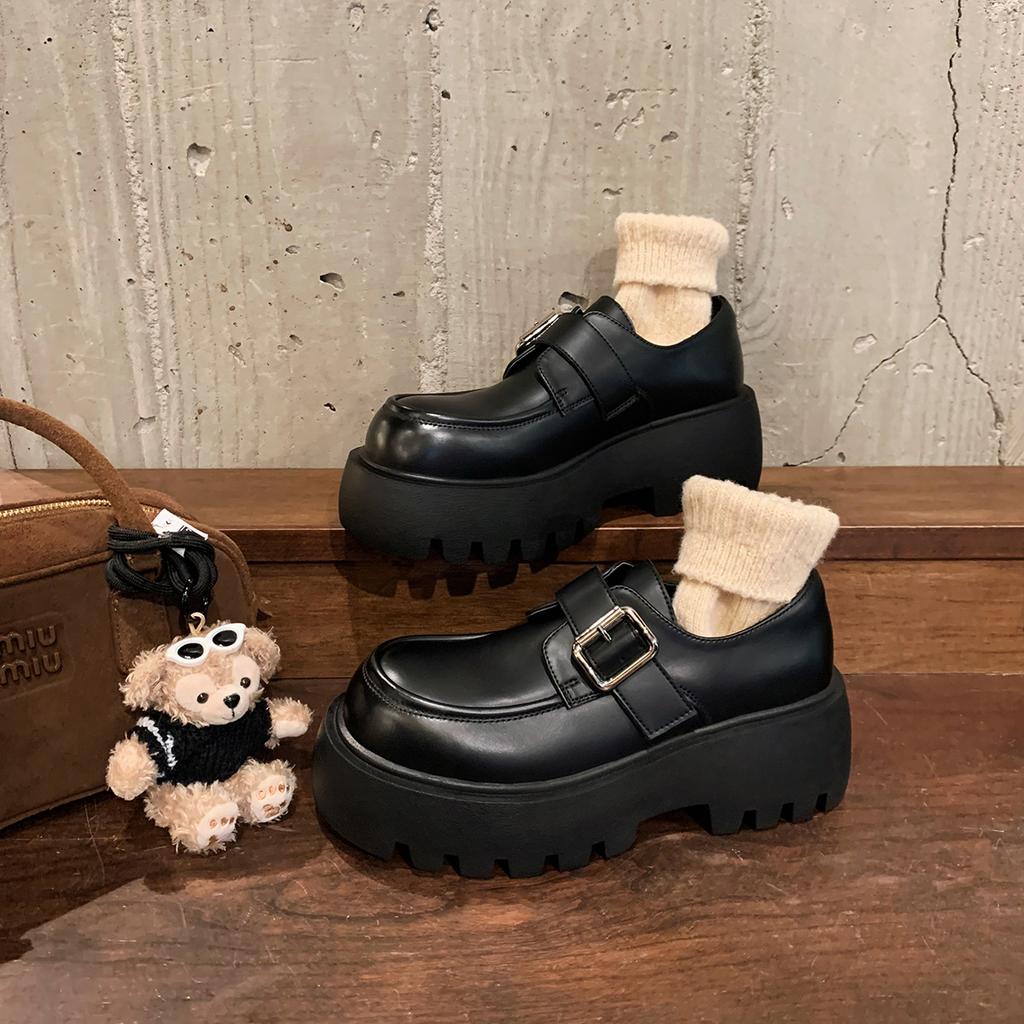 Sheepskin~ Grape Mother Metal One-word Buckle Strap Heightened Thick Heel Platform British Loafers Women's Retro Small Leather Shoes Women