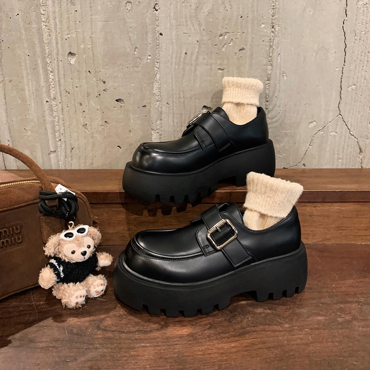 

Sheepskin~ Grape mother metal one-word buckle strap heightened thick heel platform British loafers women s retro small leather shoes women 40