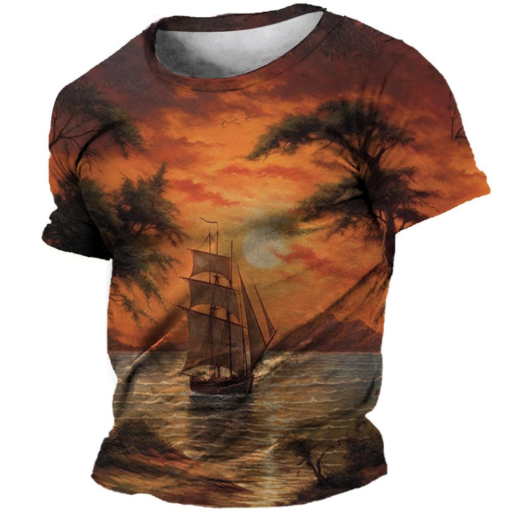 Vintage T-Shirts Guitar Sailboat 3D Printed Streetwear Men Short Sleeve T Shirt