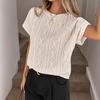 VEZFAA Women's Fashion Casual Summer Spring Solid Color Print Short Sleeve O-Neck Blouses & Shirts
