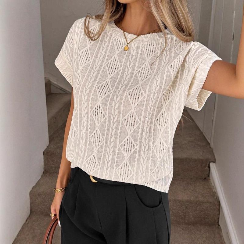 VEZFAA Women's Fashion Casual Summer Spring Solid Color Print Short Sleeve O-Neck Blouses & Shirts