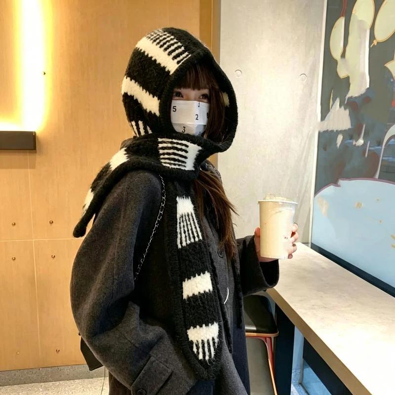 Thick Warm Knitted Hooded Scarf With Black White Stripes For Winter Outdoor Walking Daily Wear