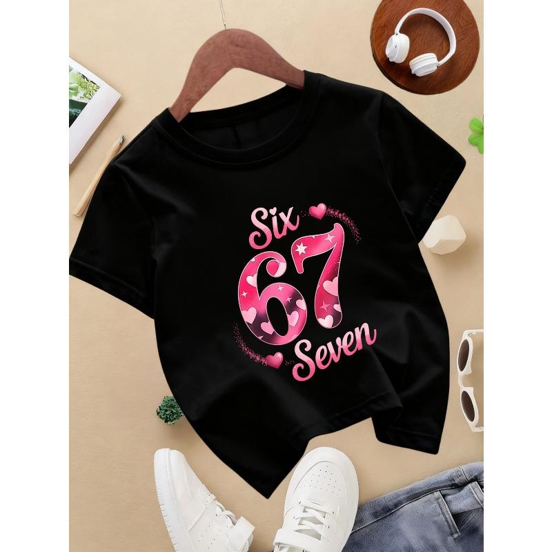 European sizes 1pc, Summer Casual Girls' Round Neck Short Sleeve T-Shirt, Clothing-Girls' Pullover Top