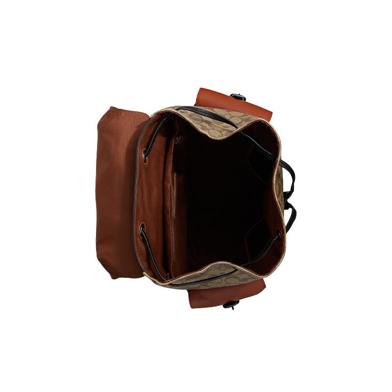 COACH Hudson 30 classic presbyopic color-blocked flip-top large-capacity canvas and leather backpack, men's khaki and black