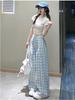 Women's Blue Plaid High-Waisted Wide-Leg Pants - Spring/Summer 2025 Collection