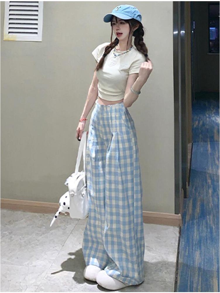 Women's Blue Plaid High-Waisted Wide-Leg Pants - Spring/Summer 2025 Collection