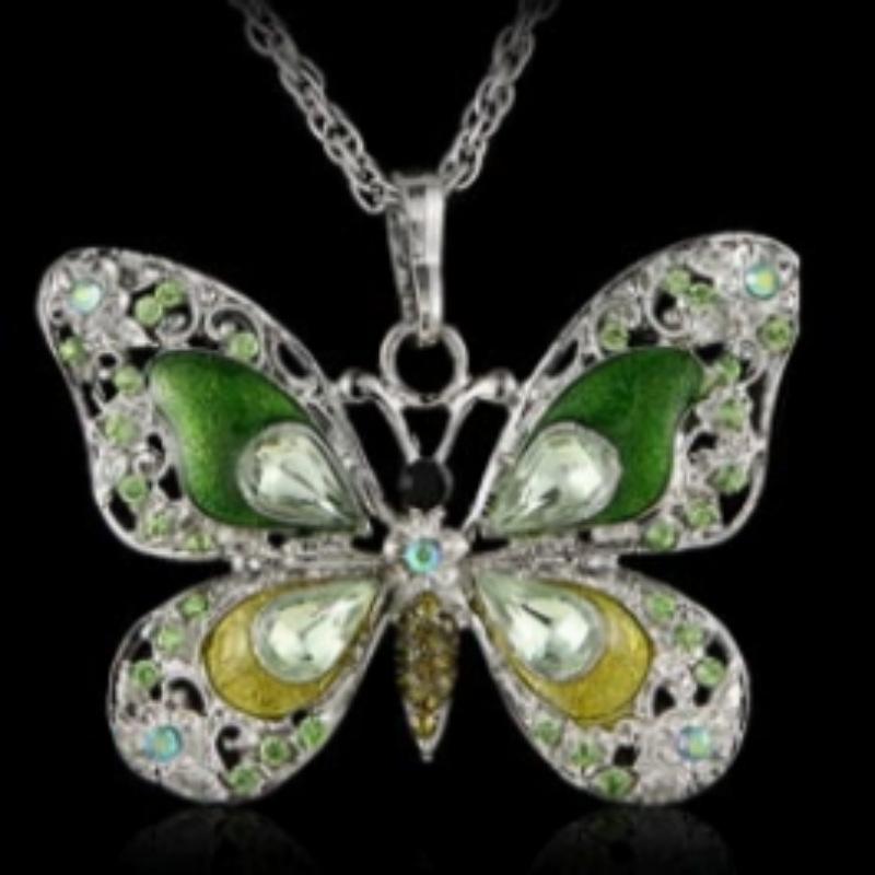 Vintage Enamel Butterfly Pendant Necklace Crystal Rhinestone Colorful Jewelry for Women