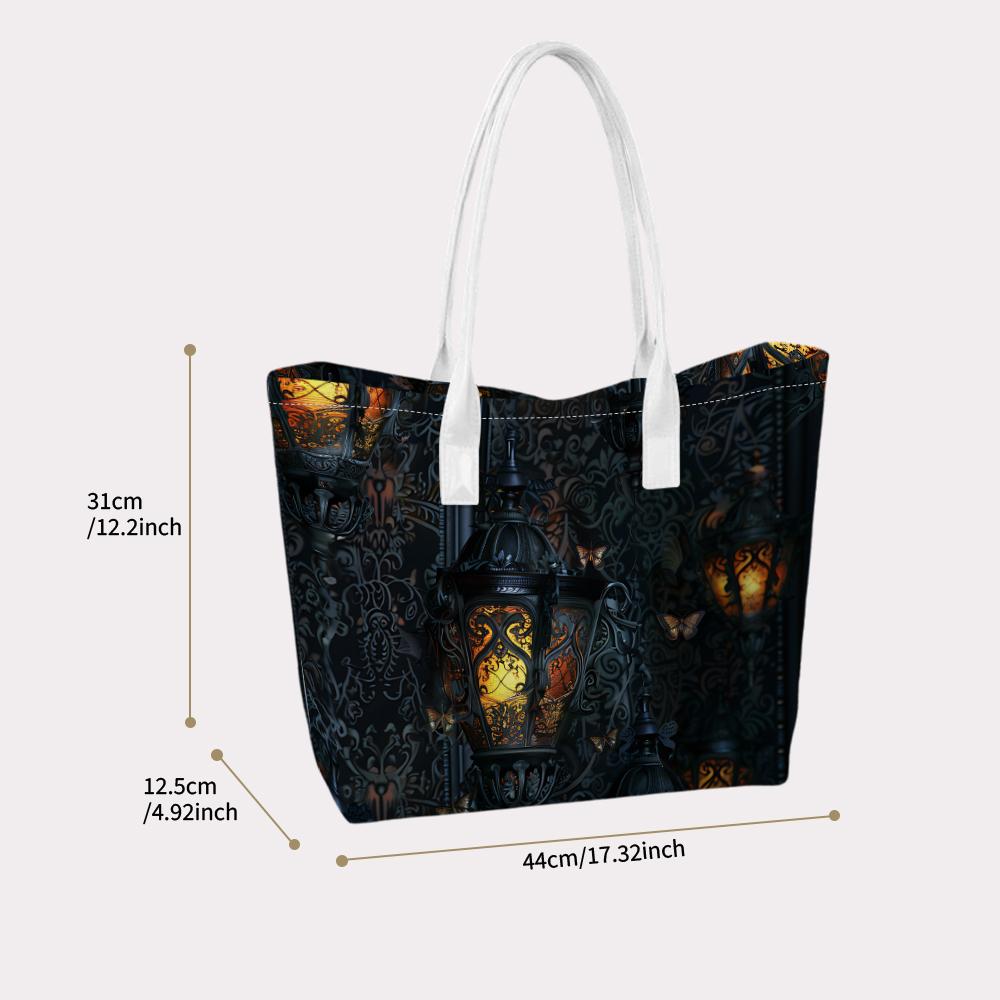 Gothic Lantern Pattern Tote Bag Dark Vintage Style Carryall Elegant Printed Shoulder Bag Retro Dark Print Handbag Gothic Style Daily Tote Bag Vintage