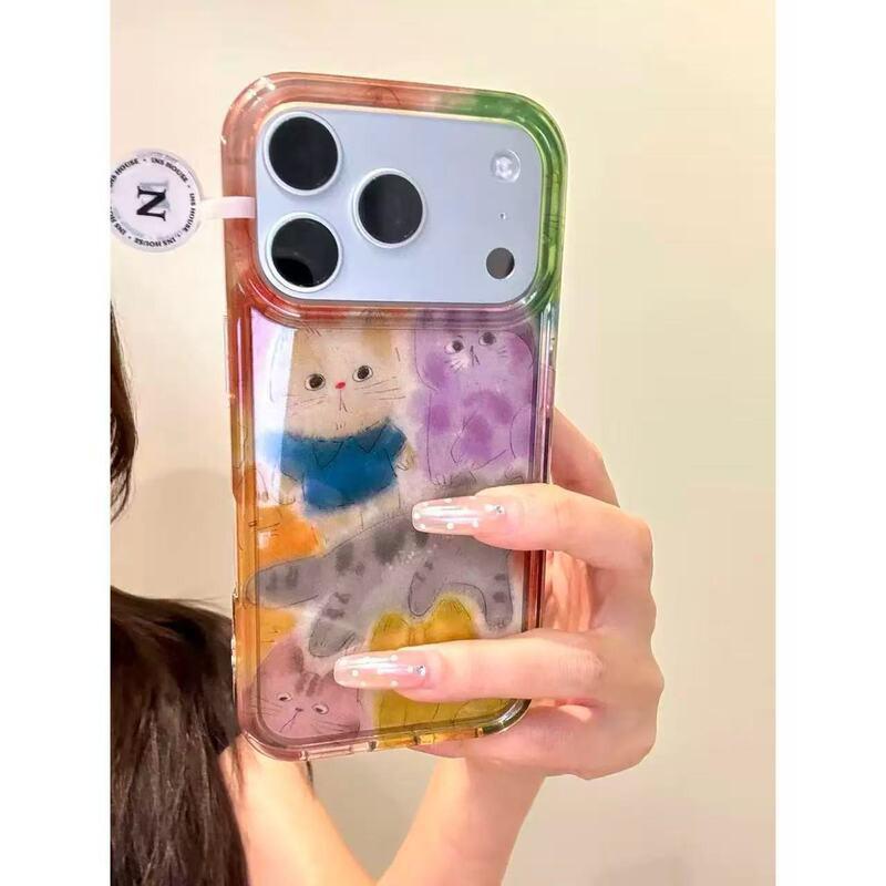 Colorful Graffiti Cat Print Phone Case IPhone 13 14 15 16 17 Pro Max Full Cover Soft Silicone Shockproof