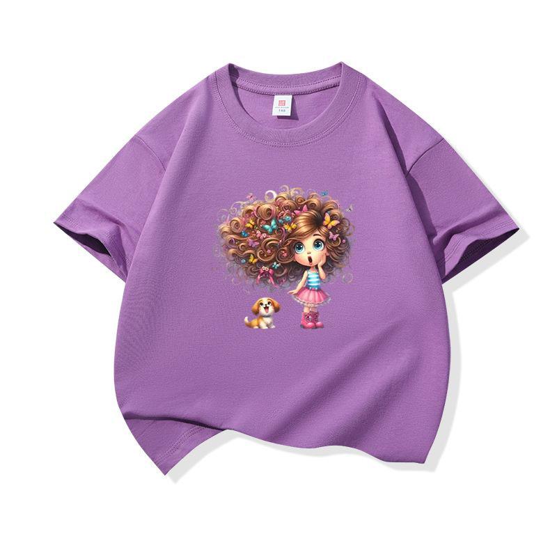 Kids Cotton T Shirt Girl With Floral Hair And Puppy Dog Print Crew Neck Short Sleeve Tee Casual Boys Girls Summer Tops