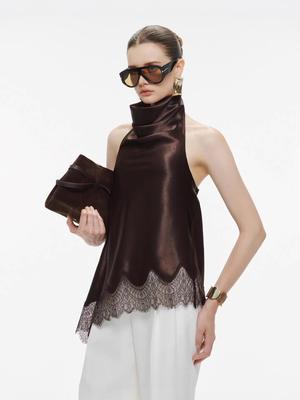 Cross-Border Stylish Halter Neck Satin Top with Irregular Lace Trim, Backless & Sleeveless for Women
