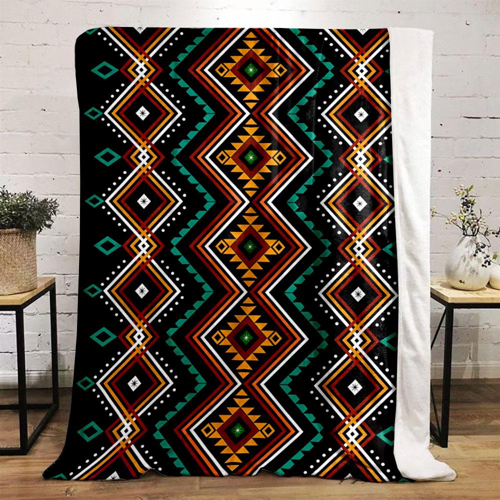 Geometric diamond shapes with angular lines and vibrant tribal colors. for all seasons blanket lunch break throw gift