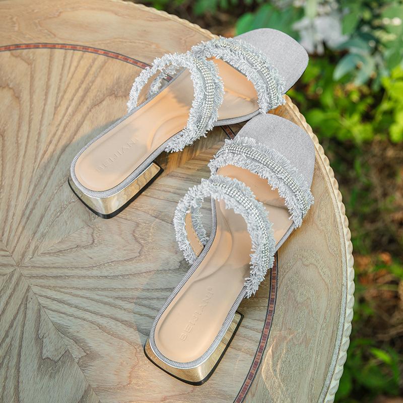 

Woven cloth tassel flat bottom slippers women s flat heel low heel beach shoes holiday square head open toe type 39 светло-синий