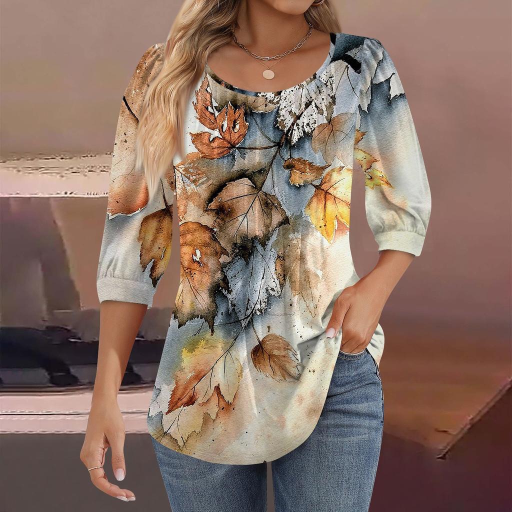 Women's Puff 3/4 Sleeve Tunic Tops Pleated Neck Blouses Casual Loose Spring And Summer T-Shirts