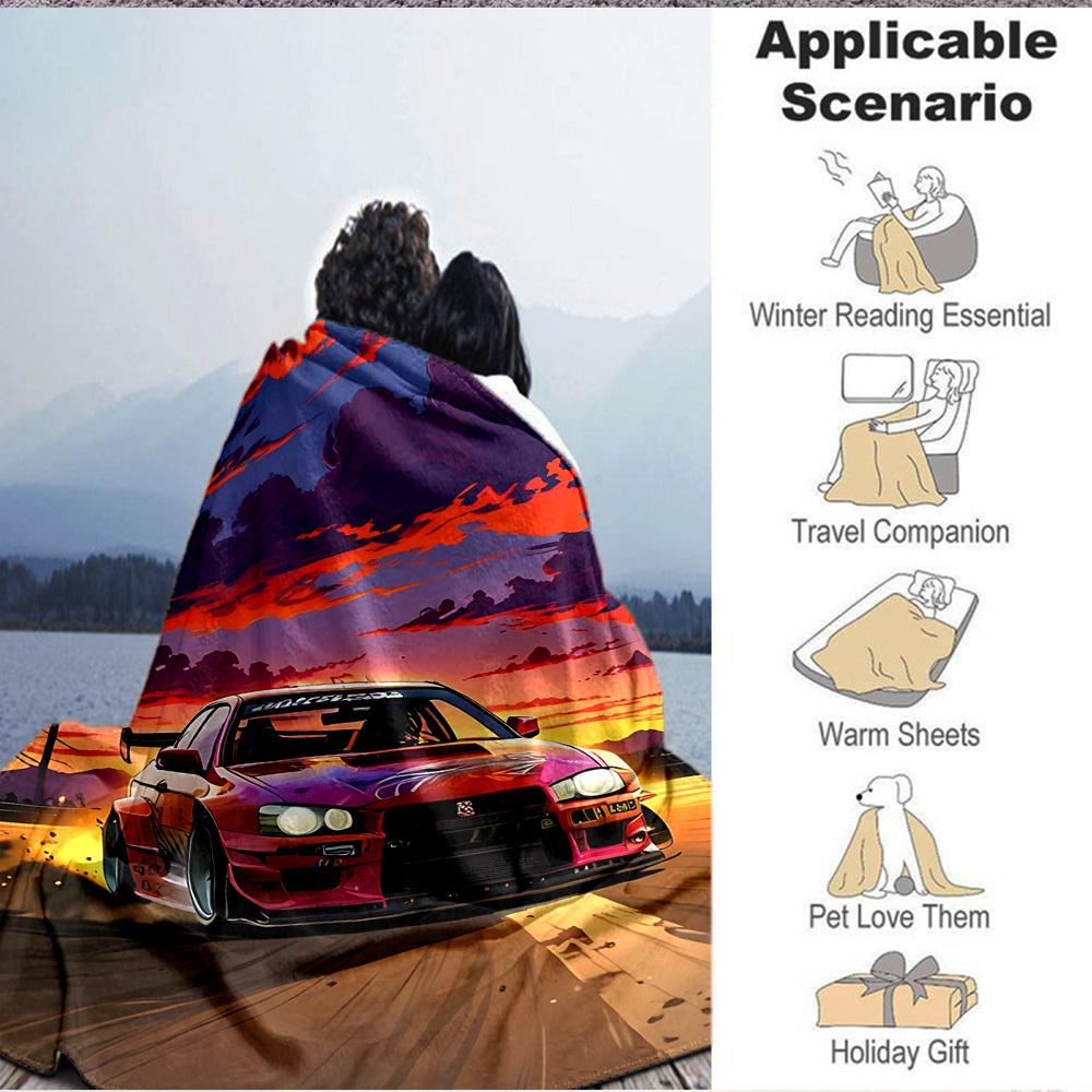 1pc Drift Car, Sunset Blanket Lightweight Flannel Blanket Throw Blanket For Sofa, Bed, Travel, Camping, Livingroom, Office, Couch