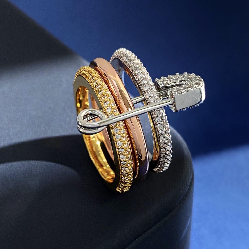 Connection Three Layers Pin Rings for Women CZ Cubic Zirconia Stackable Rings Stainless Steel New Year Gift Party Jewelry