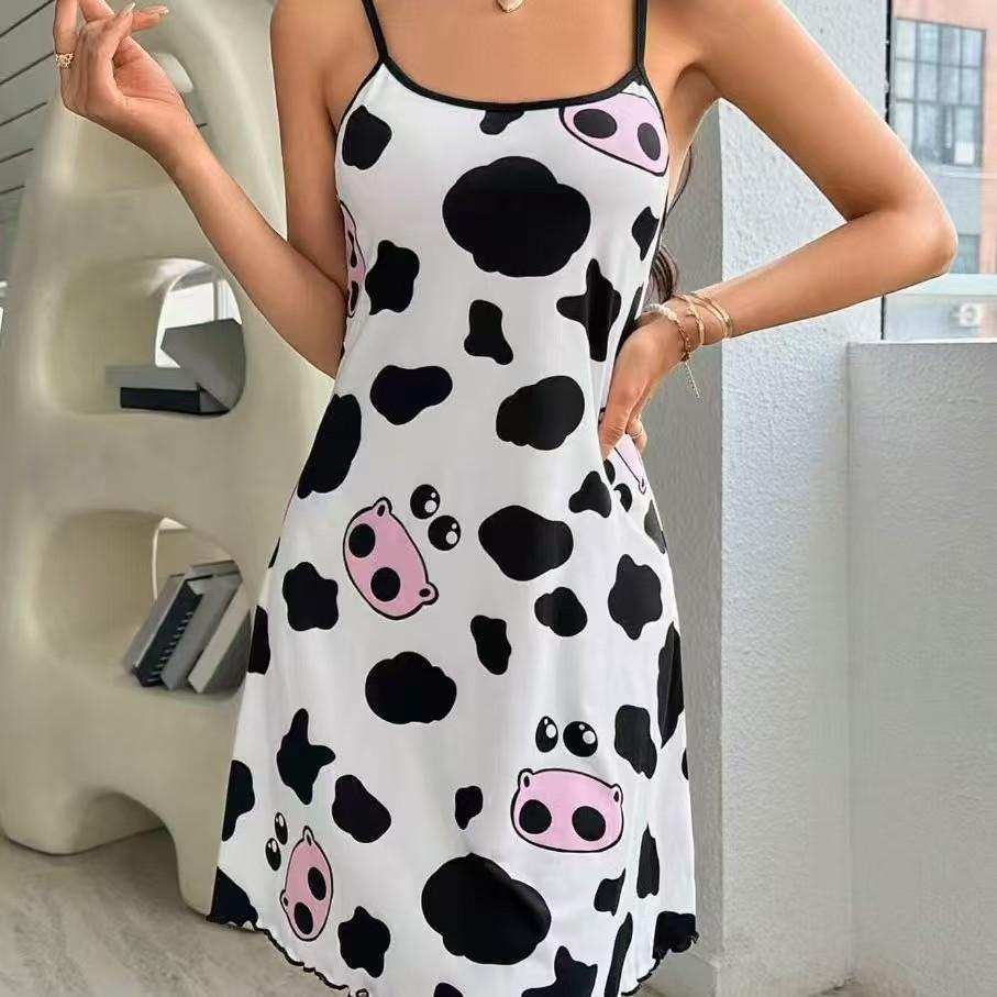 Summer new European and American cartoon cat print camisole nightdress for women, short loungewear, pure and alluring style dress