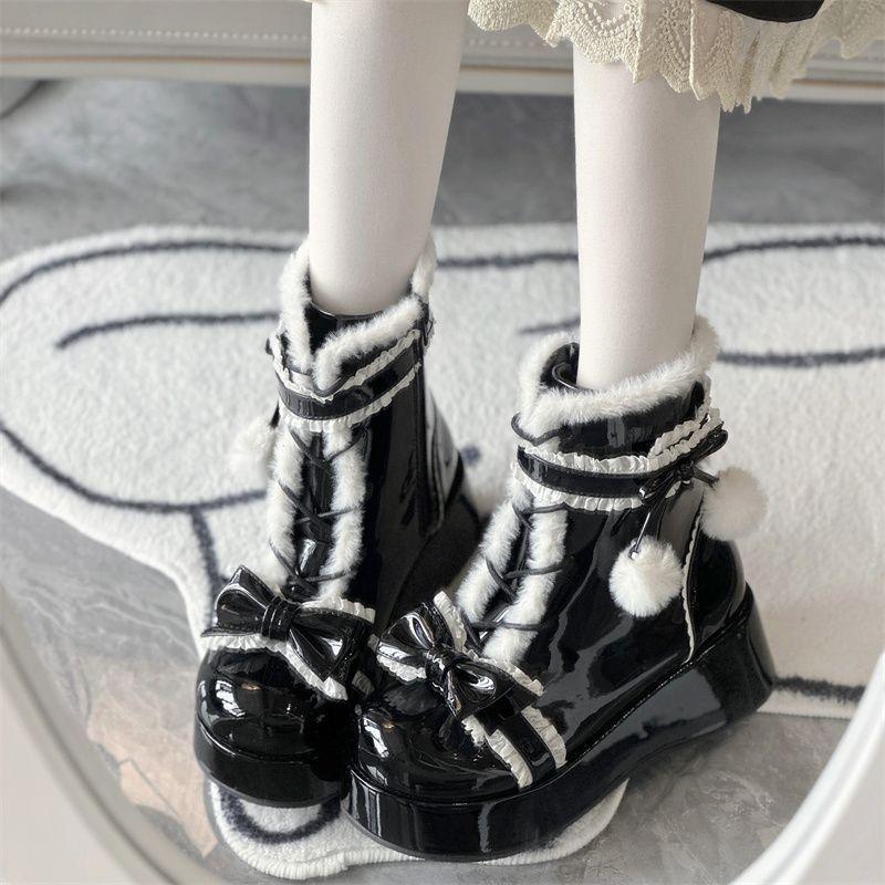 Sweet hairball bow lolita snow boots 2025 new thick-soled plush warm cute winter cotton boots