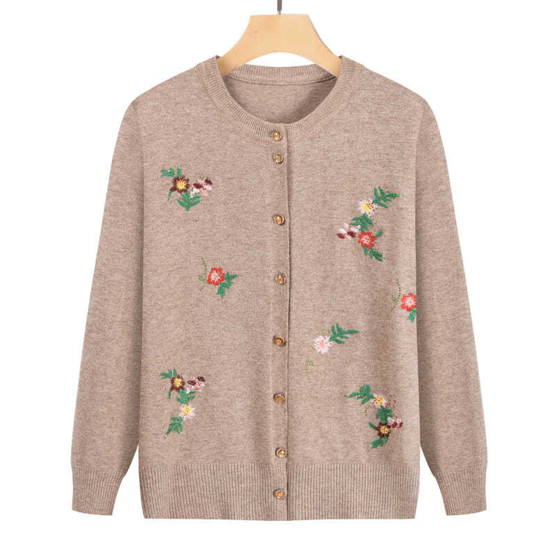 Damen Knopf Pflanzen Blumenbestickt Strickjacke Langärmlig Lässiges Mode Oberteil