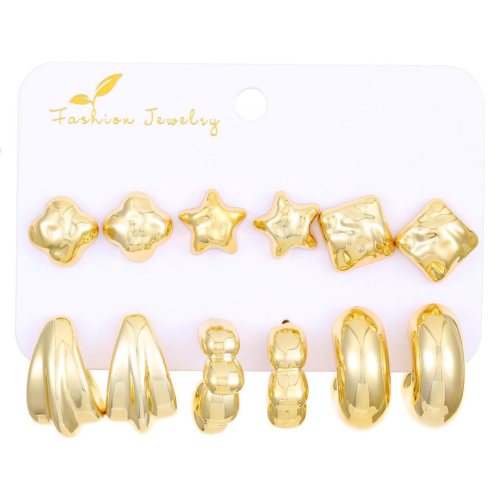 2026 style earrings, personalized earrings C-shaped irregular exaggerated alloy earrings 6-piece set, gold and silver card wholesale