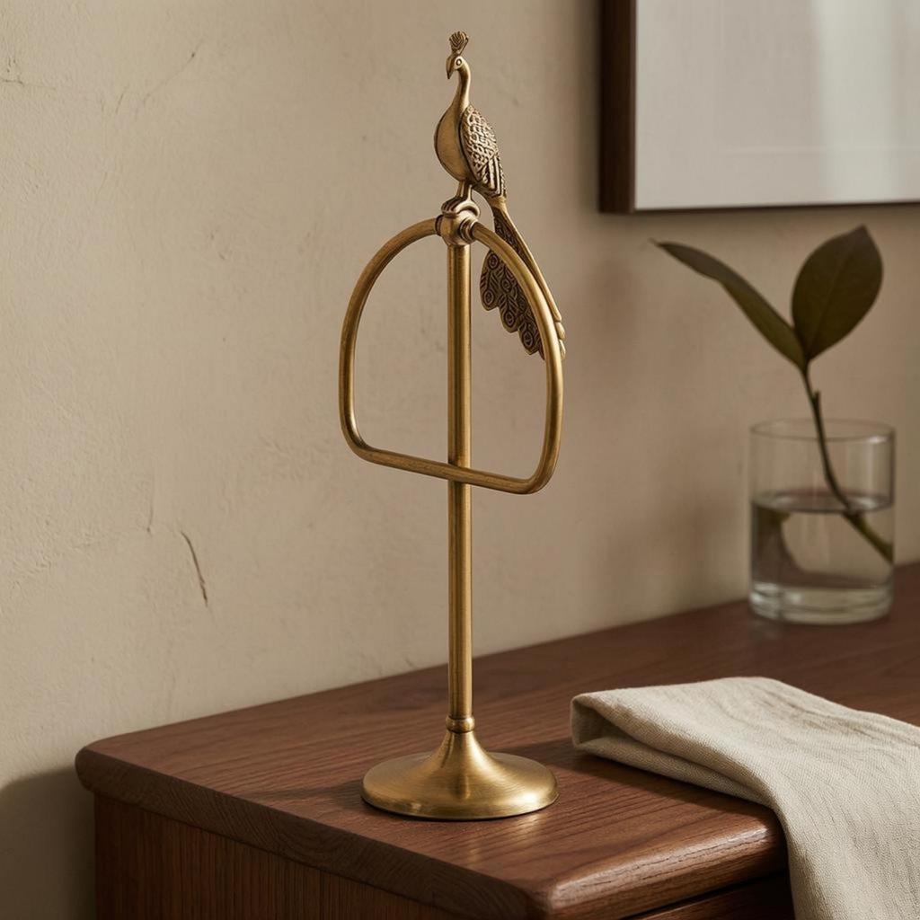 Freestanding Towel Holder PeacockThemed Tabletop Stand Brass