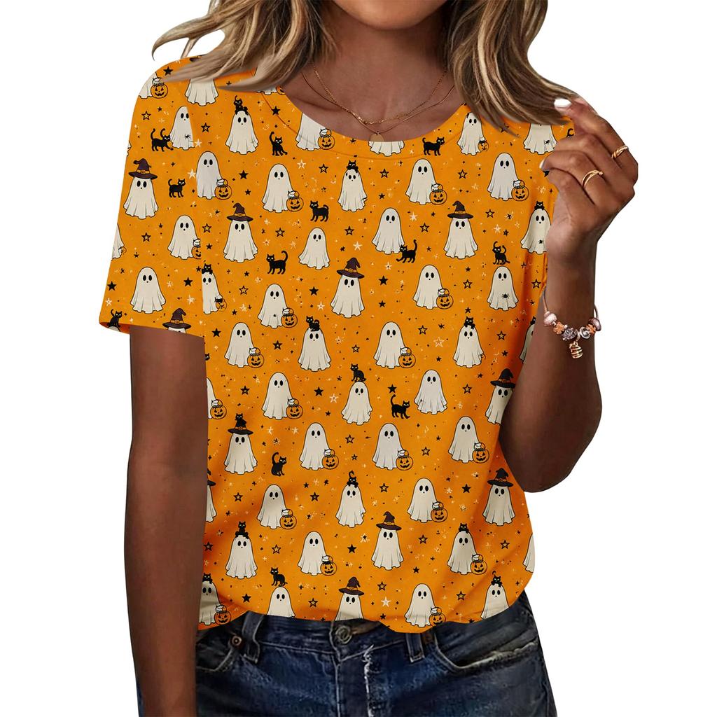 Women's Casual Loose Fit Halloween Print T-Shirt Short Sleeve Crew Neck Top Comfortable Lightweight Fabric All Over Graphic Design