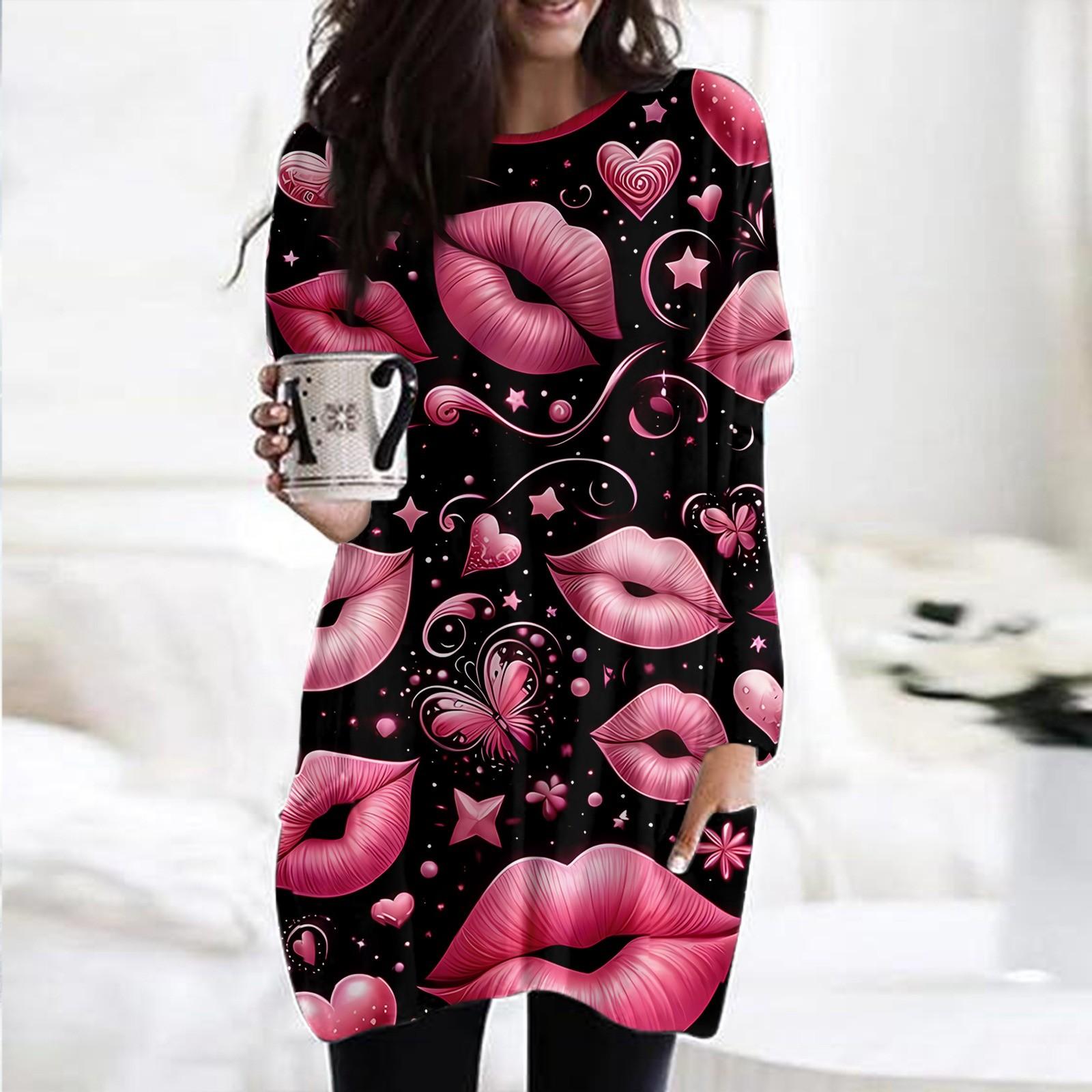 

Женский модный повседневный топ с длинным рукавом и круглым вырезом ко Дню святого Валентина с принтом в виде сердца M розовый