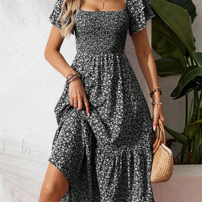 Women's Square Collar Waist Printed Bubble Sleeve Dress S-XXXL