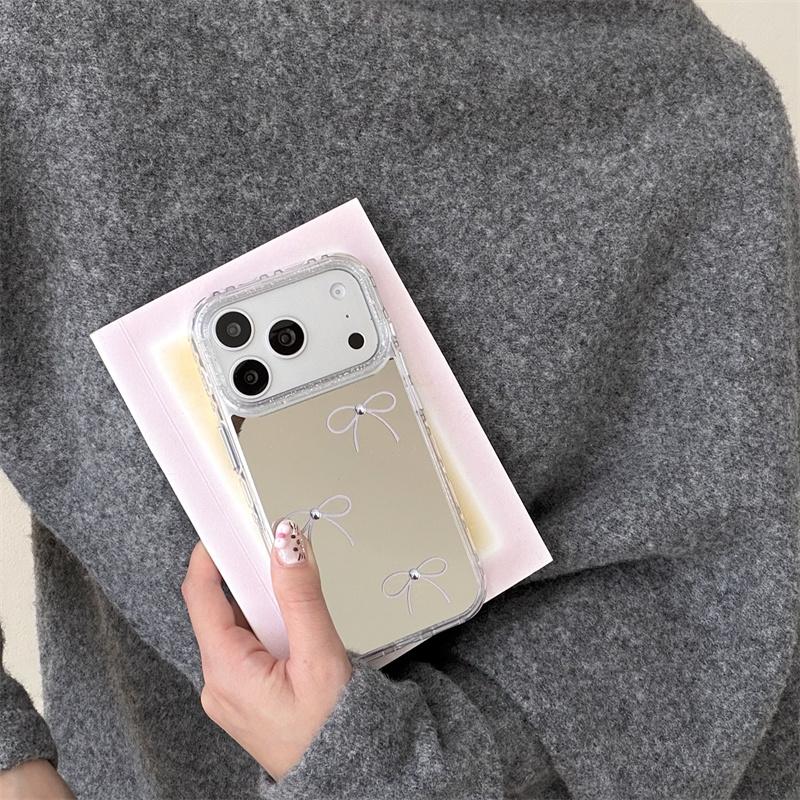 Minimalist Bow Mirror Phone Case For iPhone 17 Pro 16 15 14 Pro Max with Glitter Shockproof 17pro  Protective  Cover Cases