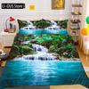 Nature Duvet Cover Set, Waterfall Flowing Decorative 3 Piece Bedding Set with 2 Pillow Shams, Queen Full Size, Fern Green Blue