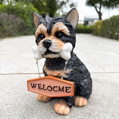 Pies trzymający znak powitalny żywiczna rzeźba rękodzieło, dekoracja domu do ogrodu, na dziedziniec i do salonu