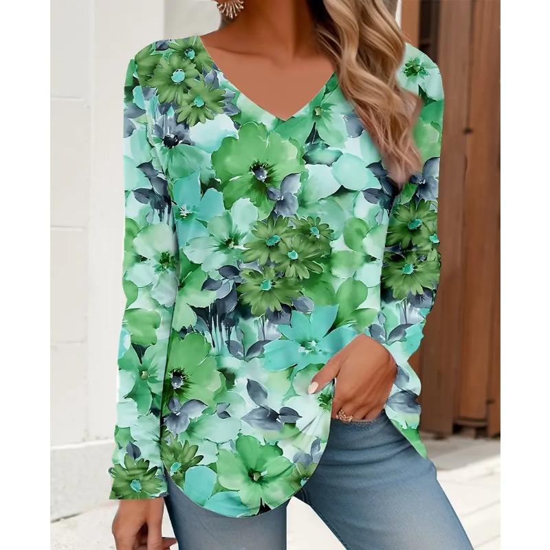 Spring and Autumn V-neck 3D Floral Graphic Printed Top Fashionable Elegant Casual Long Sleeved Women's T-shirts