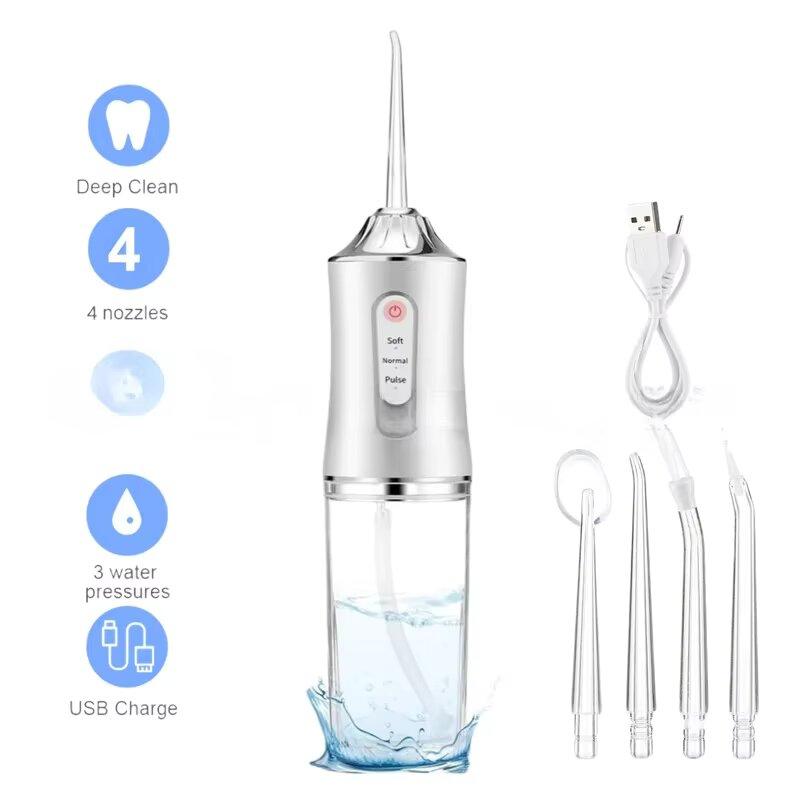 Oral Irrigator Portable Dental Water Flosser USB Rechargeable Water Jet Floss Tooth Pick 4 Jet Tip 230ml 3 Mode Massage Gums