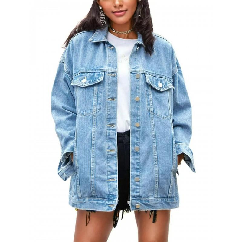 Damen Übergroße Jeansjacke Lockerer Schnitt Baumwollmischung Langarm Top Lässige Streetwear
